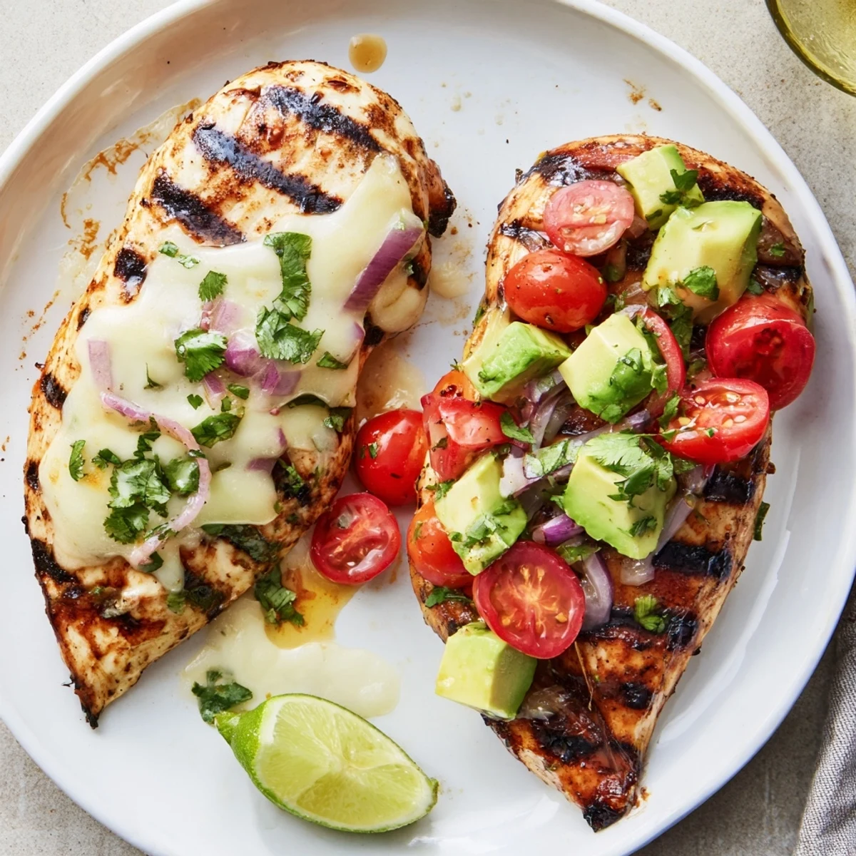 Charred edges on Fiesta Lime Chicken With Avocado, lime wedges and cilantro garnish