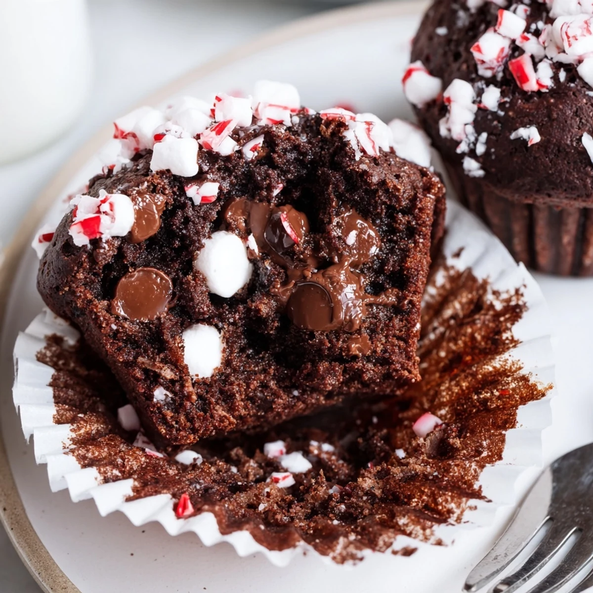 Warm Peppermint Hot Chocolate Muffins topped with crushed peppermint and marshmallows  