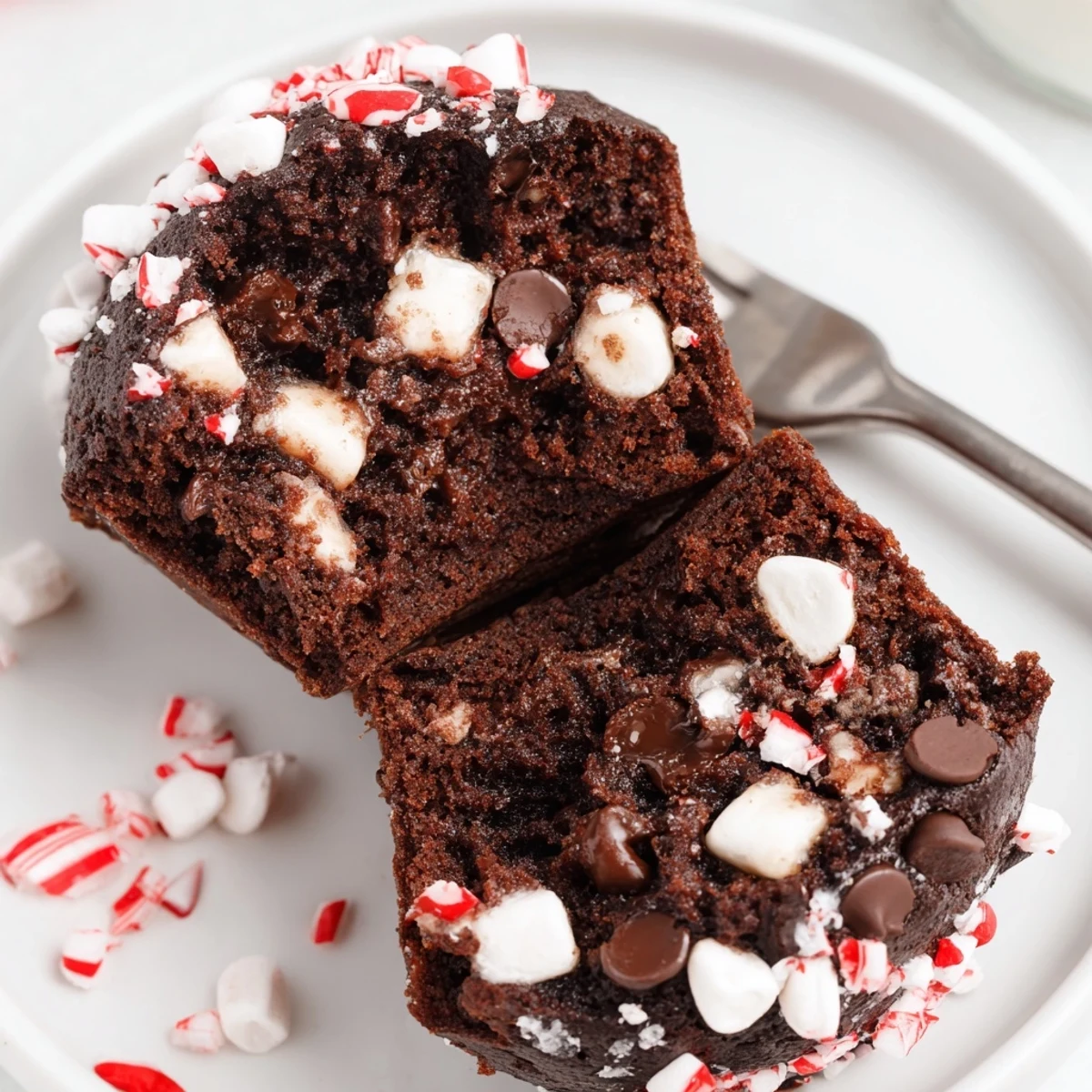 Plate of Peppermint Hot Chocolate Muffins beside a mug of cocoa