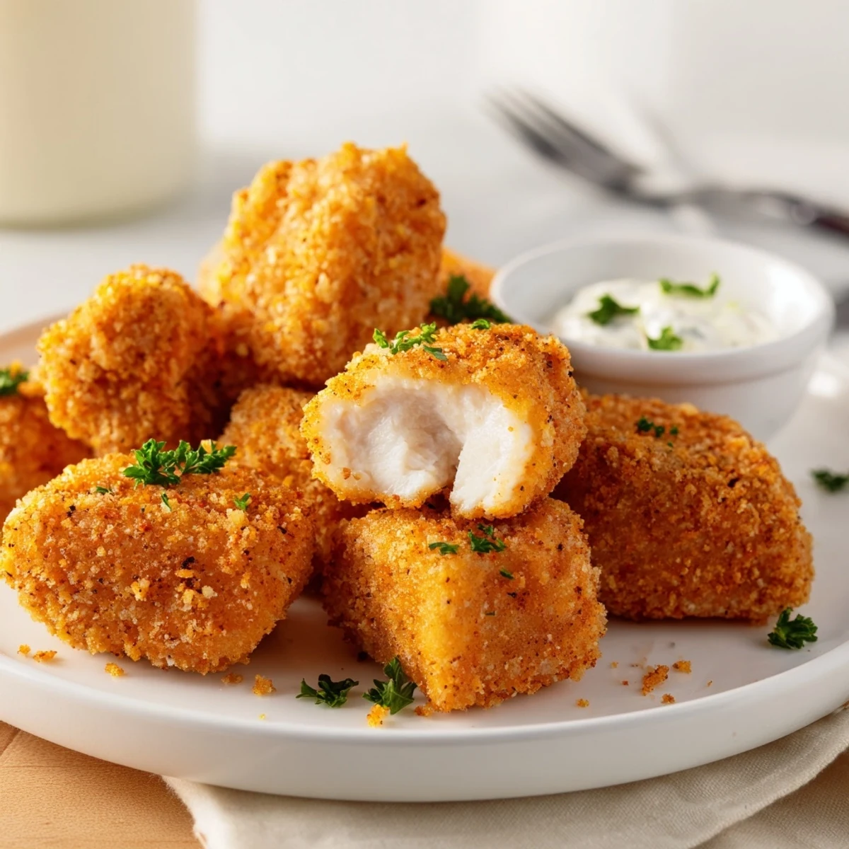 Golden, crispy Chicken Bites piled on a plate with ranch dipping sauce