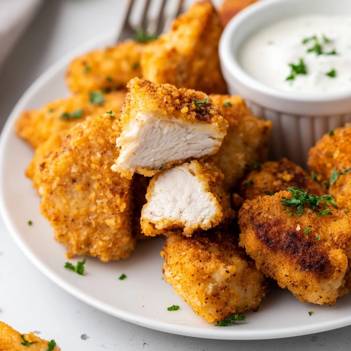 Steaming, juicy Chicken Bites with flaky crust served on a party tray