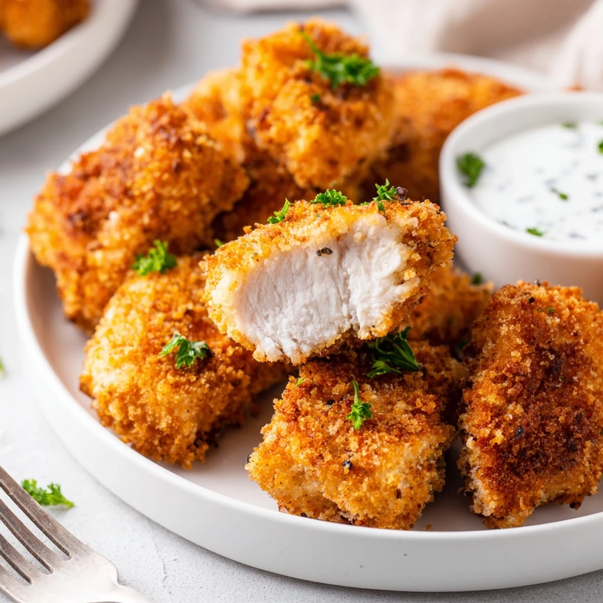 Buttermilk-marinated Chicken Bites sizzling in a skillet, tender centers revealed