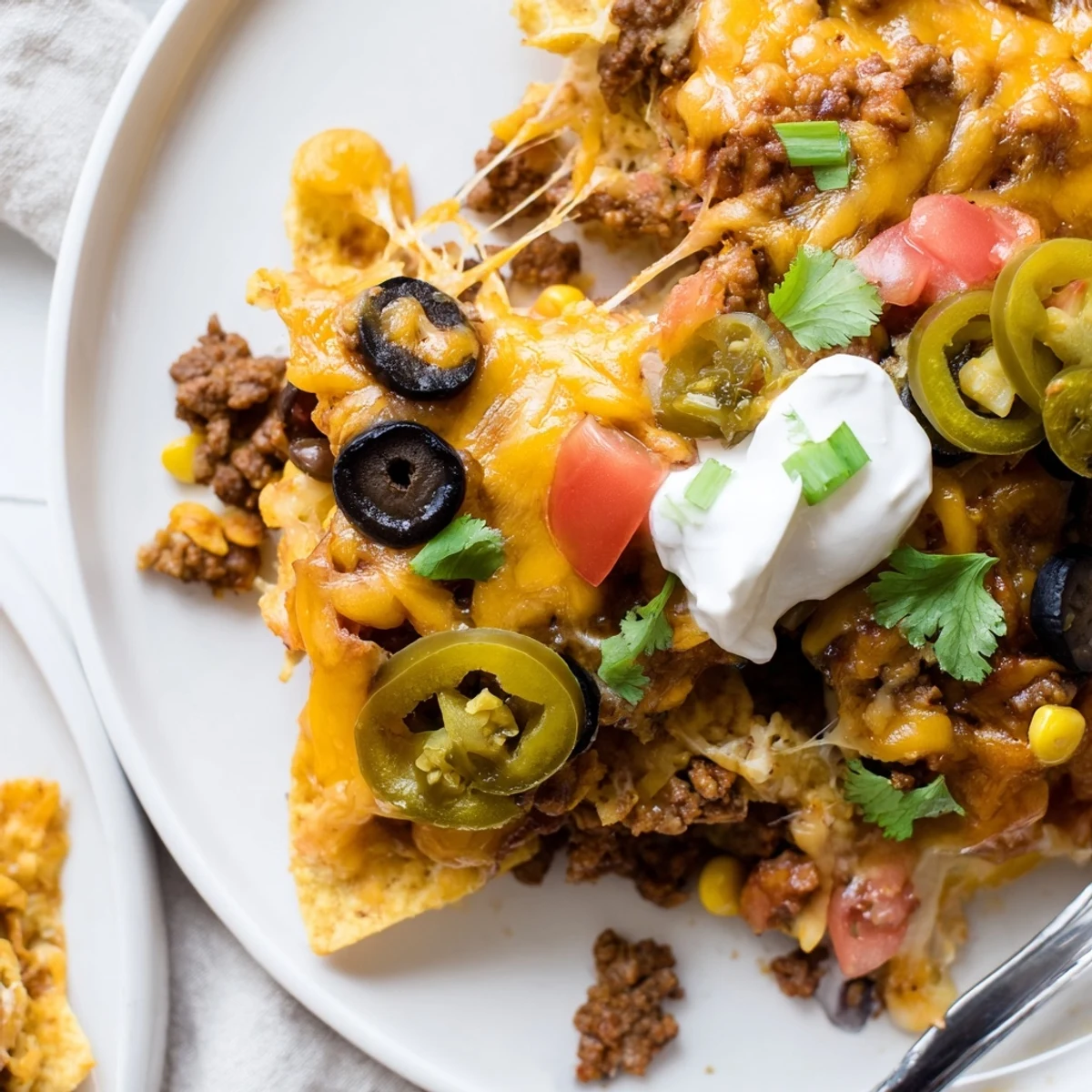 Cheesy Nacho Casserole bubbling golden, layered chips and seasoned beef, ready.