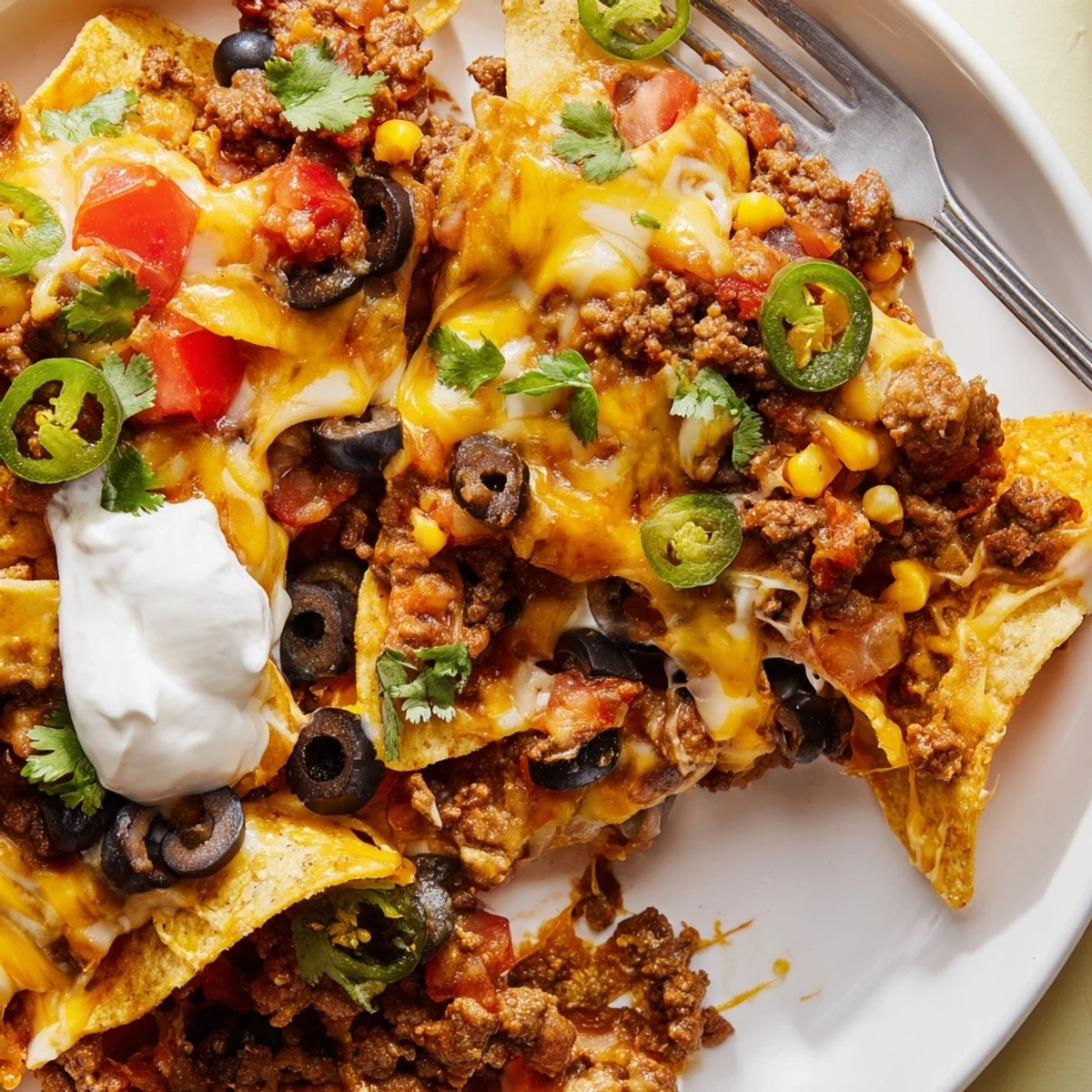 Family-style Cheesy Nacho Casserole with gooey cheese, crunchy chips, perfect for game night.
