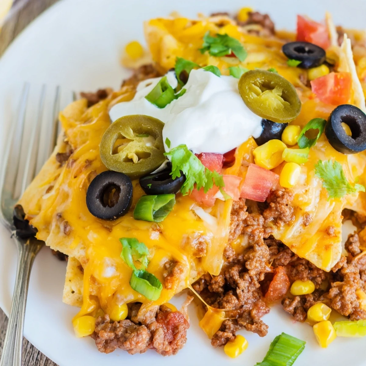 Warm Cheesy Nacho Casserole topped with sour cream, cilantro, and jalapeños.