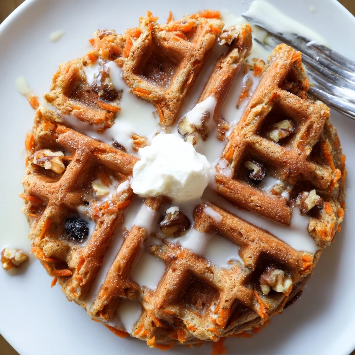 Golden Carrot Cake Waffles crisp edges, nutty walnuts, maple syrup drizzle for brunch