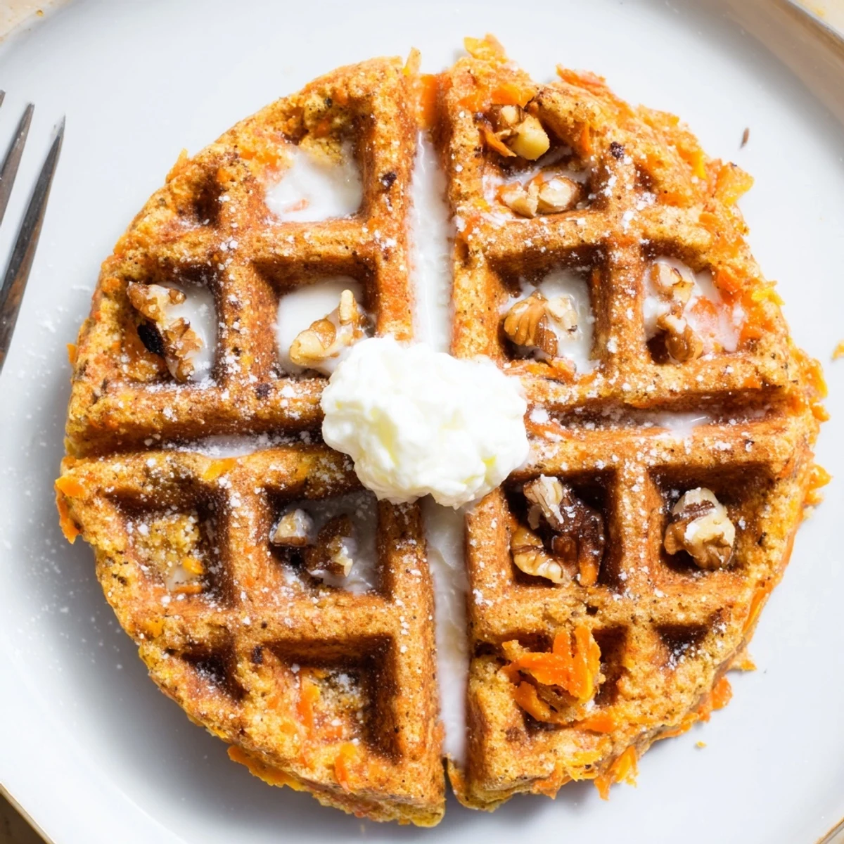 Warm Carrot Cake Waffles fresh from waffle iron, fragrant cinnamon, ready to serve