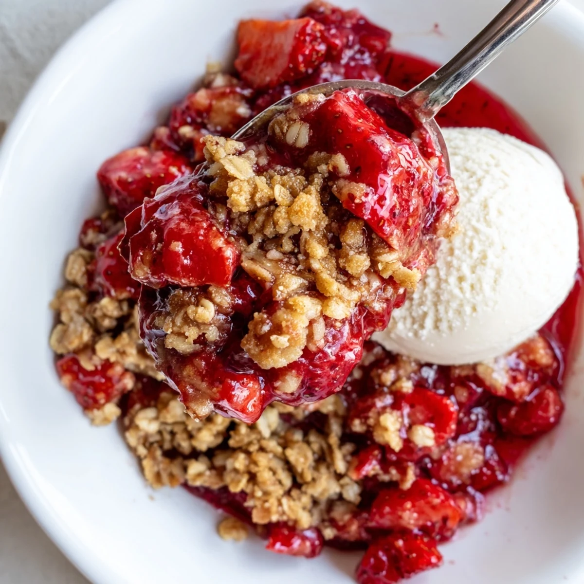 Fresh Strawberry Crisp Recipe steaming in a baking dish, served with vanilla