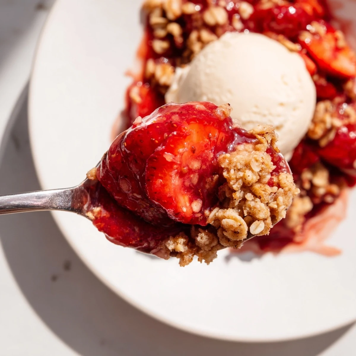 Warm spoon lifting tart-sweet fruit from Fresh Strawberry Crisp Recipe with crunchy topping