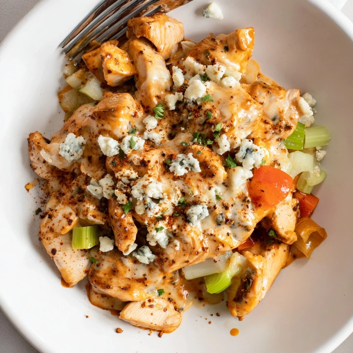 Keto Buffalo Chicken Skillet vibrant orange sauce coating browned chicken, celery crunch  