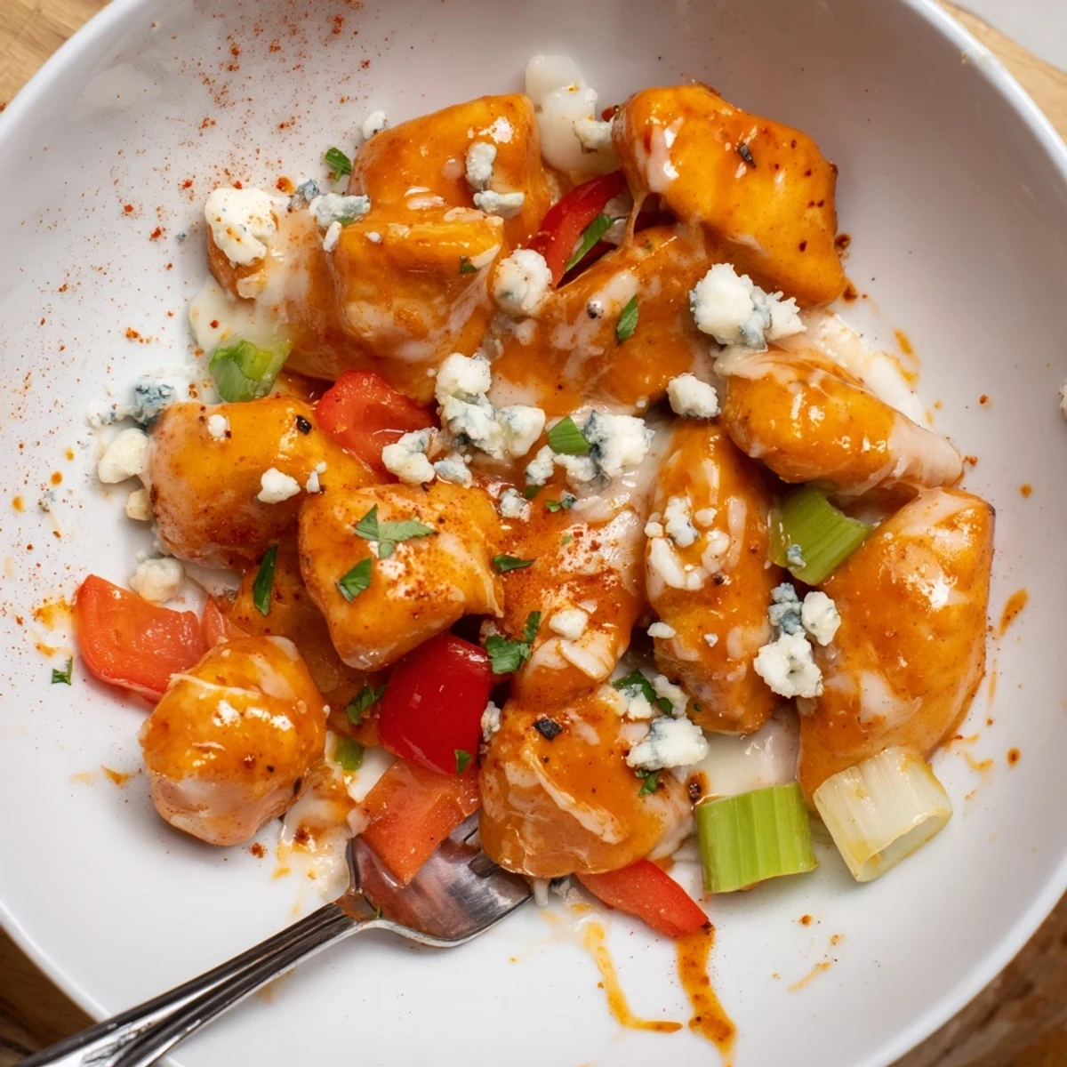 Keto Buffalo Chicken Skillet topped with crumbled blue cheese, served over cauliflower rice