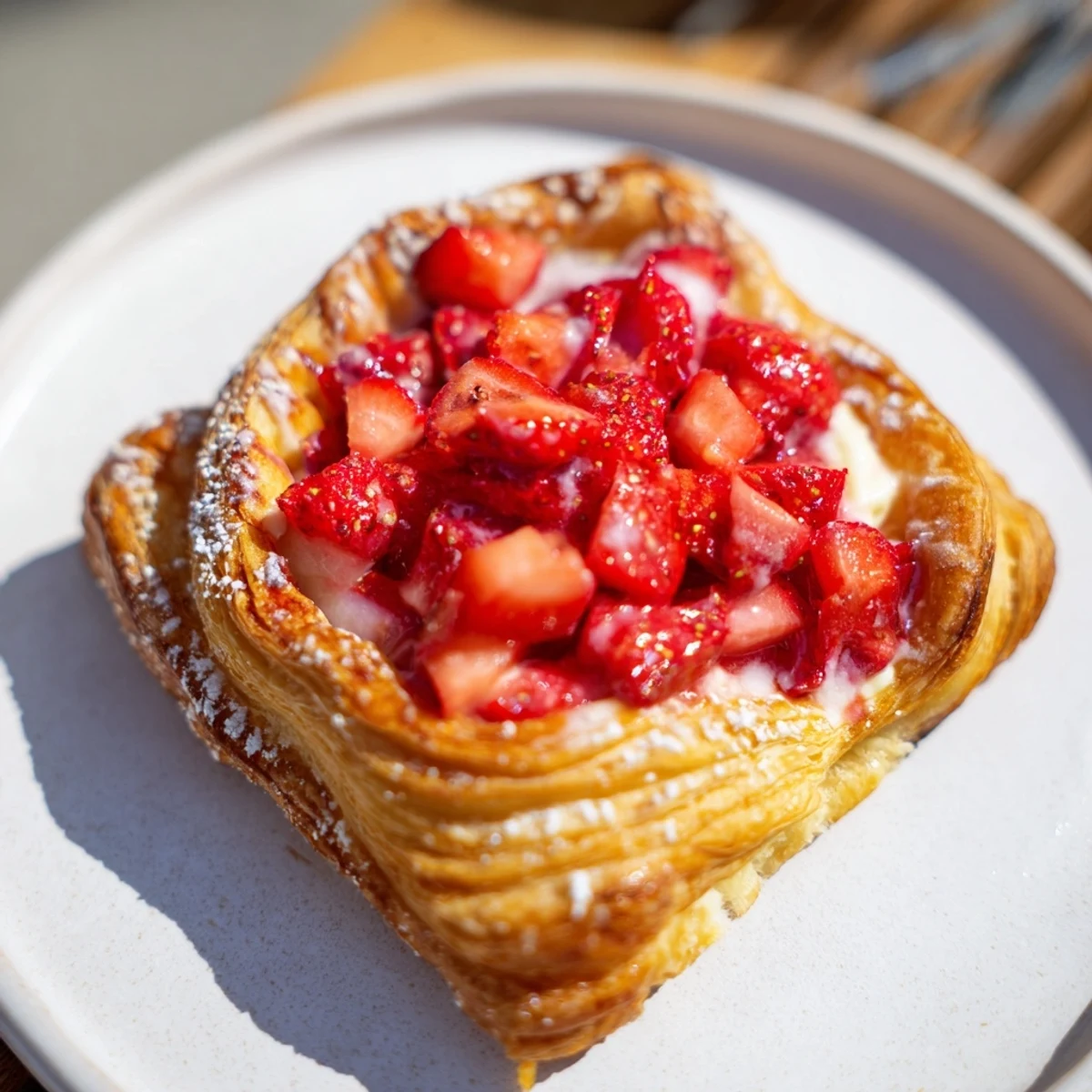 Strawberry Danish Recipe showing flaky golden pastry topped with glazed strawberries