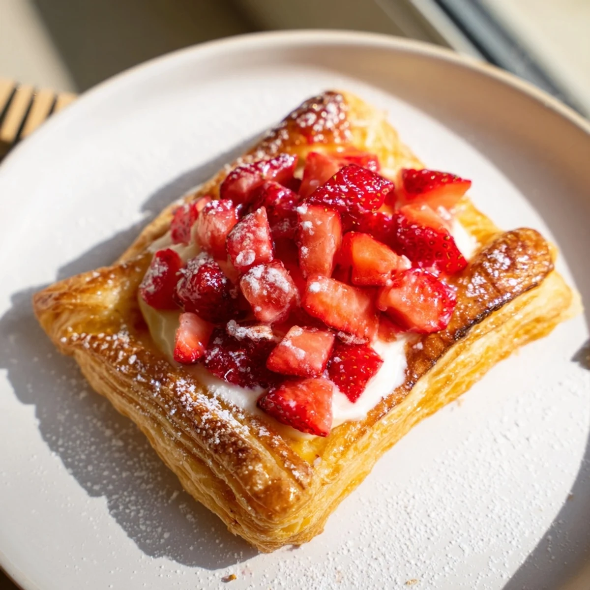 Strawberry Danish Recipe arranged on parchment, flaky layers, powdered sugar drizzle