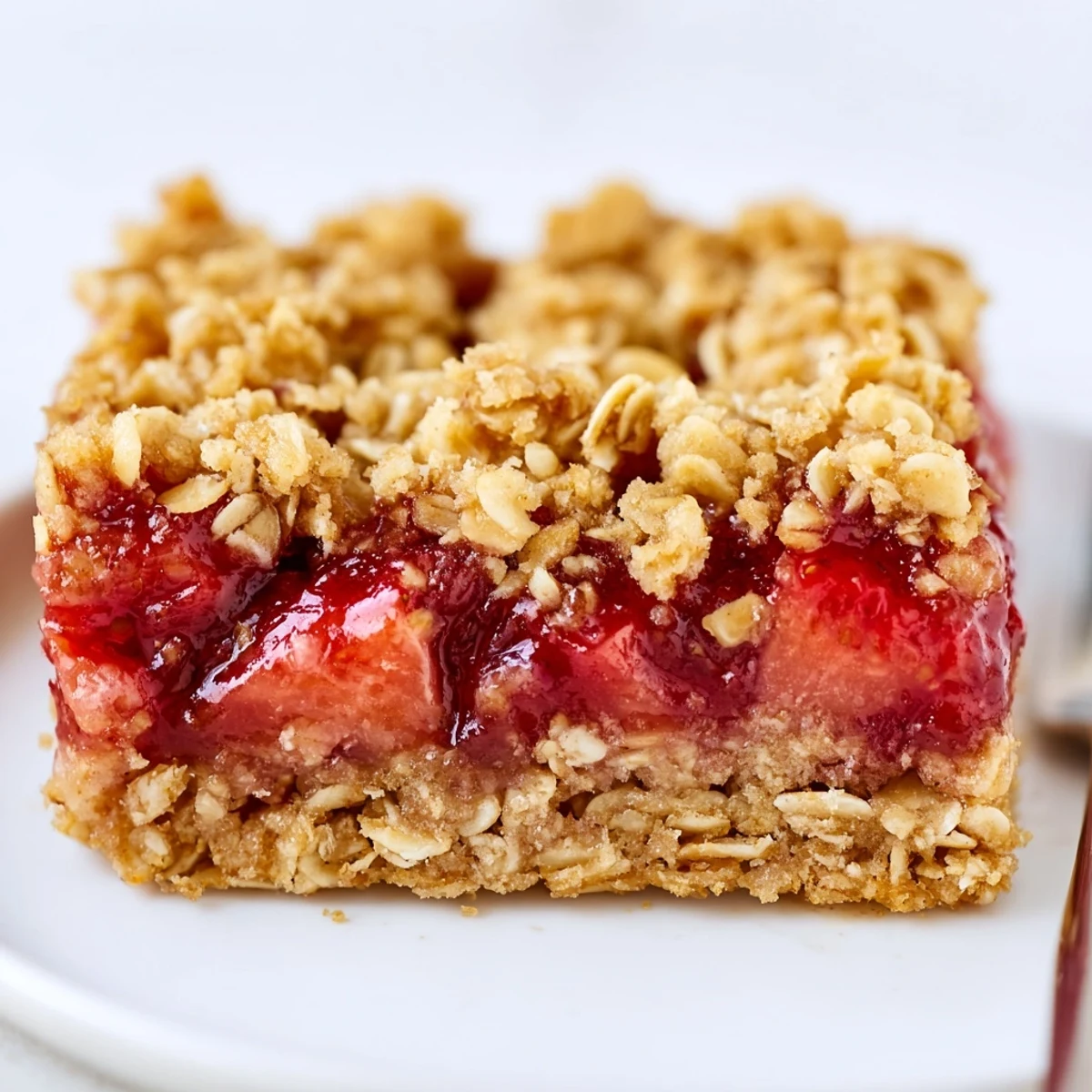 Strawberry Oatmeal Crumble Bars cooling in pan, golden crumble, berry filling bubbling