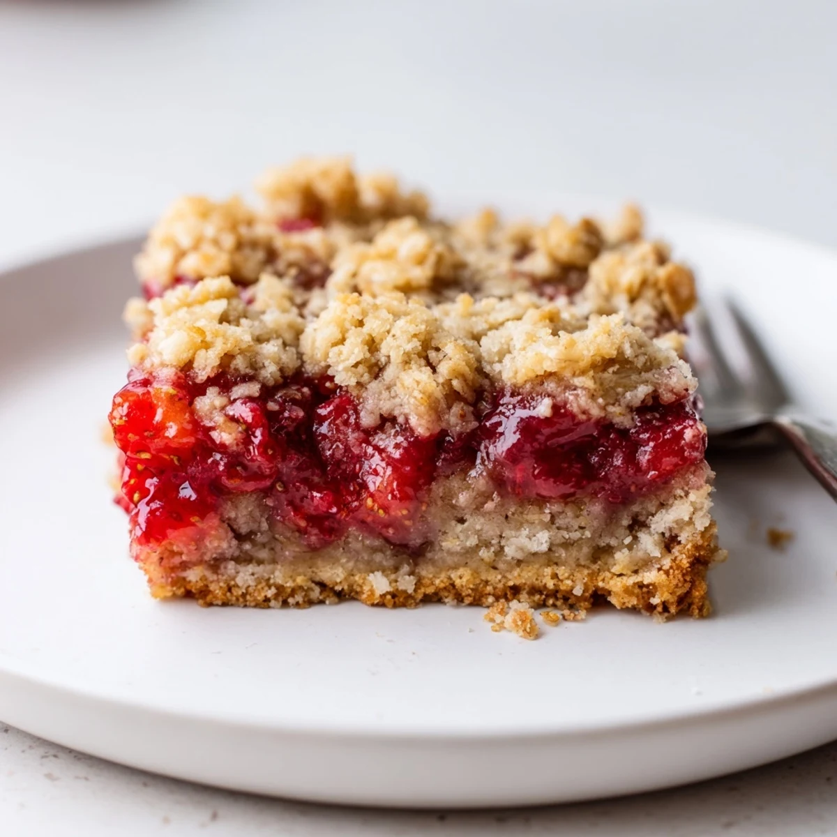Close-up of Strawberry Oatmeal Crumble Bars showing buttery oat crumbs and juicy strawberries