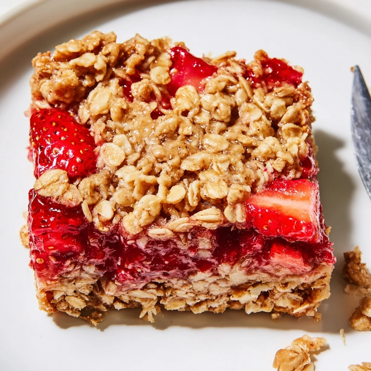 Warm Strawberry Oatmeal Crumble Bars served with melting vanilla ice cream scoop