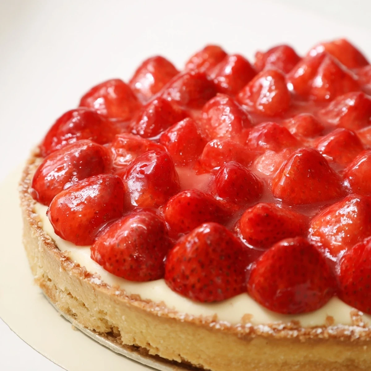 Tarte aux Fraises with glossy apricot glaze, ripe strawberries arranged neatly