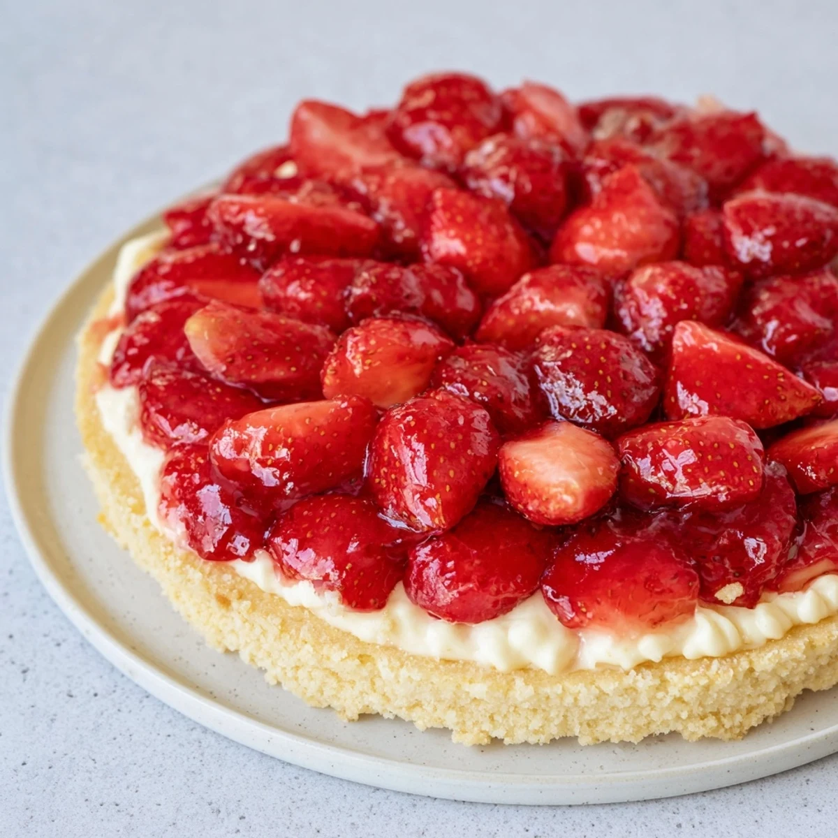 Chilled Tarte aux Fraises on summer table, vibrant strawberries and flaky crust