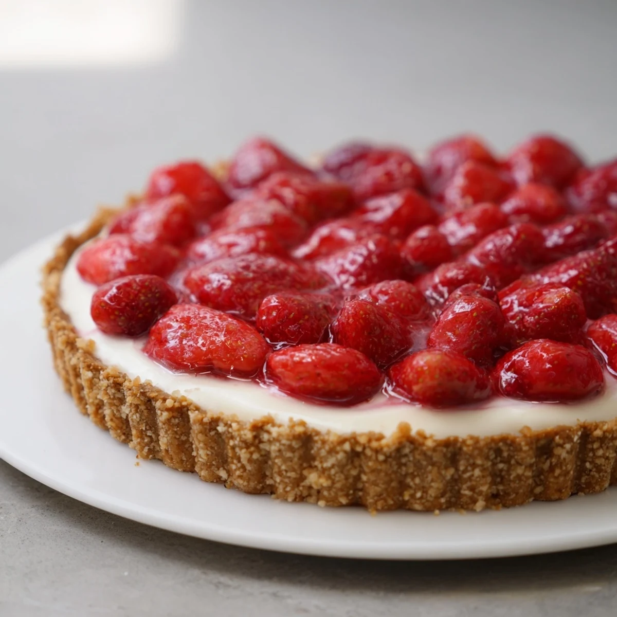 Slice of Tarte aux Fraises showing creamy pastry cream and buttery crust
