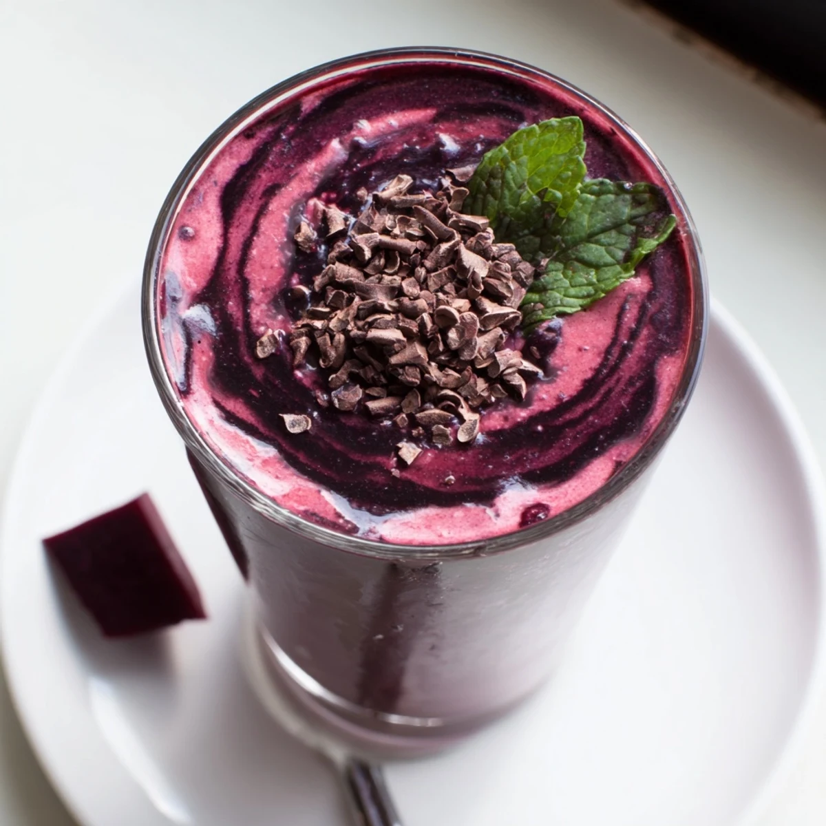 Velvety Chocolate Beet Smoothie in glass garnished with mint and cacao nibs