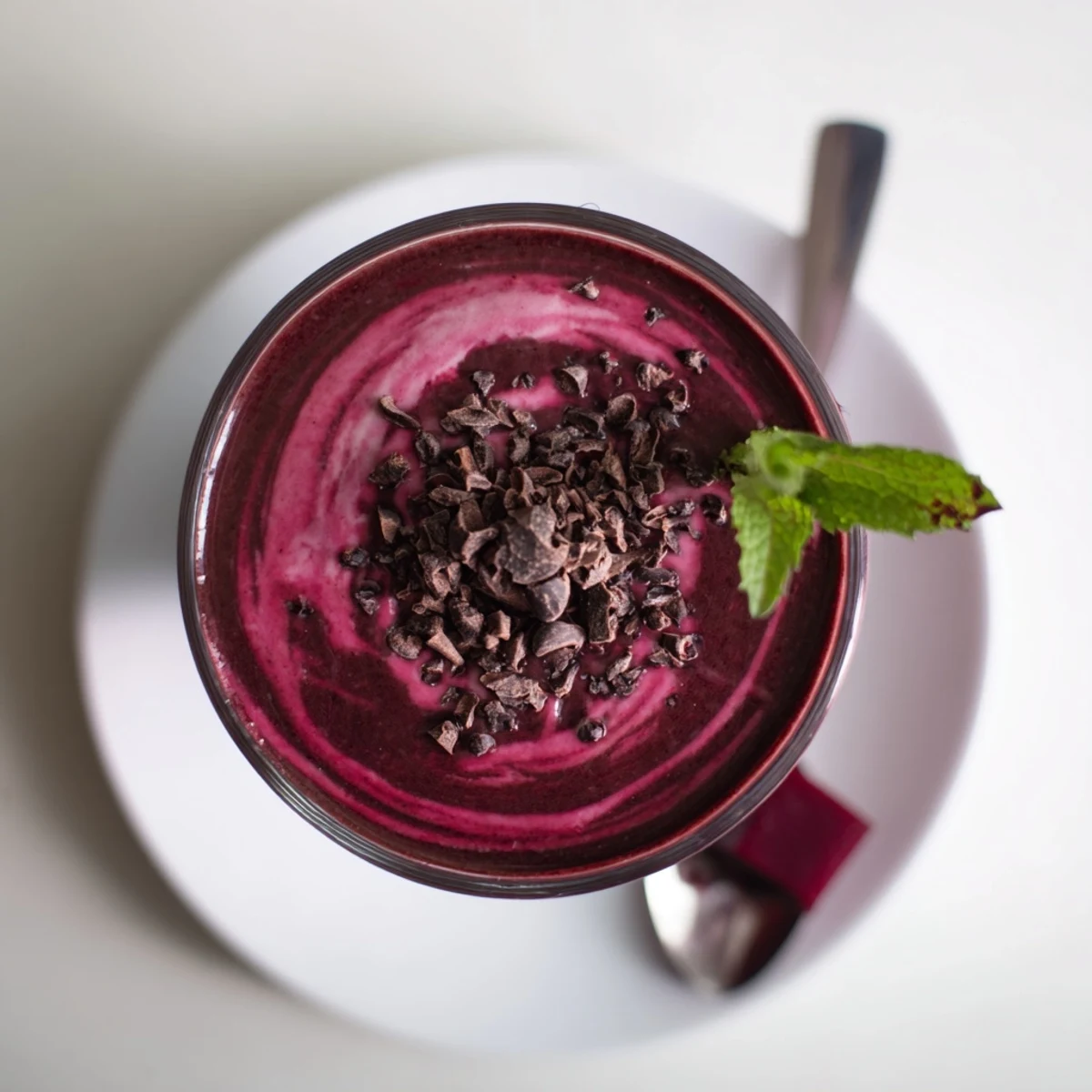 Bright magenta Chocolate Beet Smoothie poured into jar, topped with dark shavings