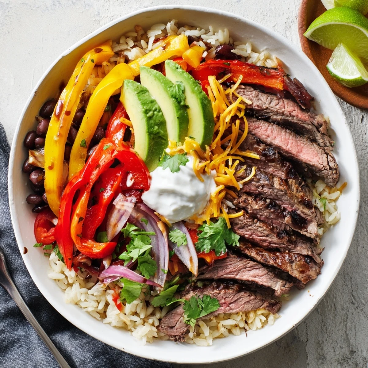 Grilled Steak Fajita Power Bowls served over brown rice, zesty lime wedges