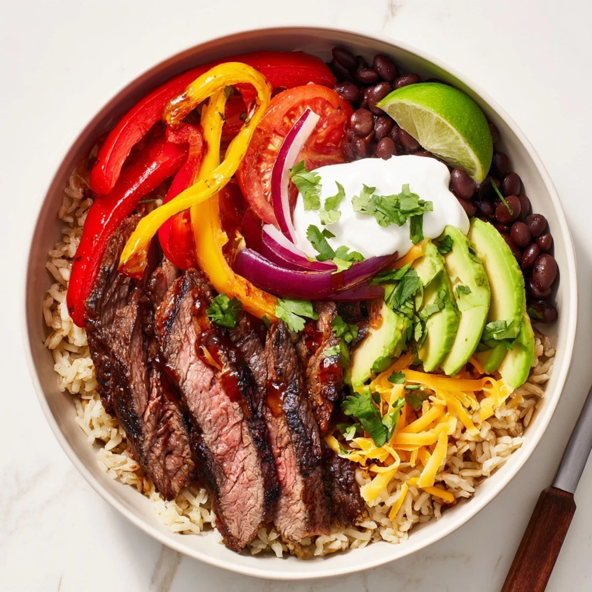 Comforting Steak Fajita Power Bowls topped with melty cheddar, cilantro, creamy yogurt