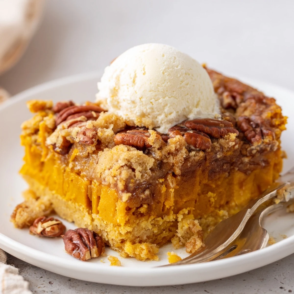 Homestyle Pumpkin Dump Cake fresh from oven, steam rising, pecan crunch  