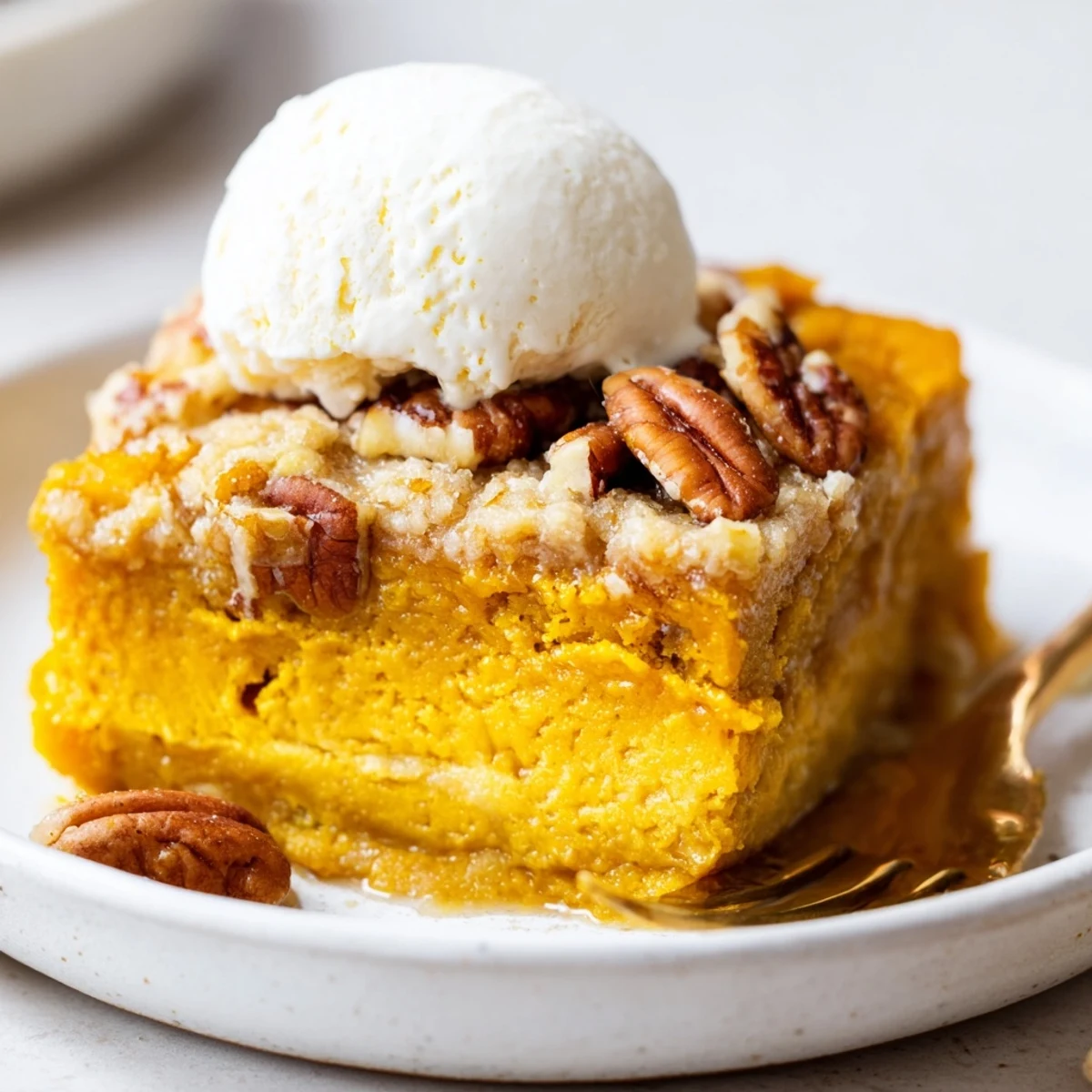 Sliced Pumpkin Dump Cake showing creamy spiced filling and crunchy buttery topping
