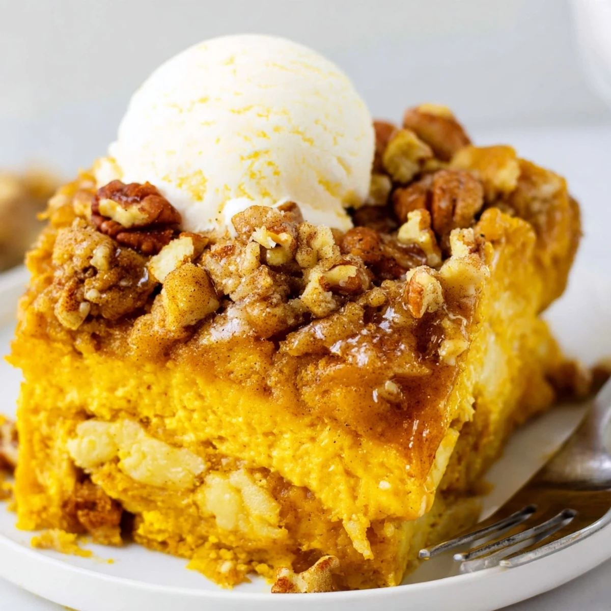 Warm Pumpkin Dump Cake served with melting vanilla ice cream and cinnamon  