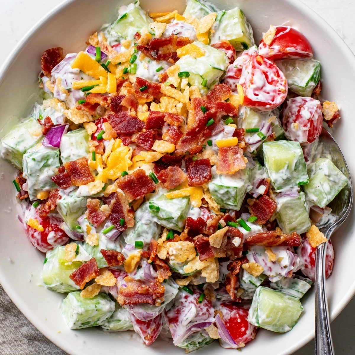 Cucumber Ranch Crack Salad piled in bowl, crunchy chips and smoky bacon