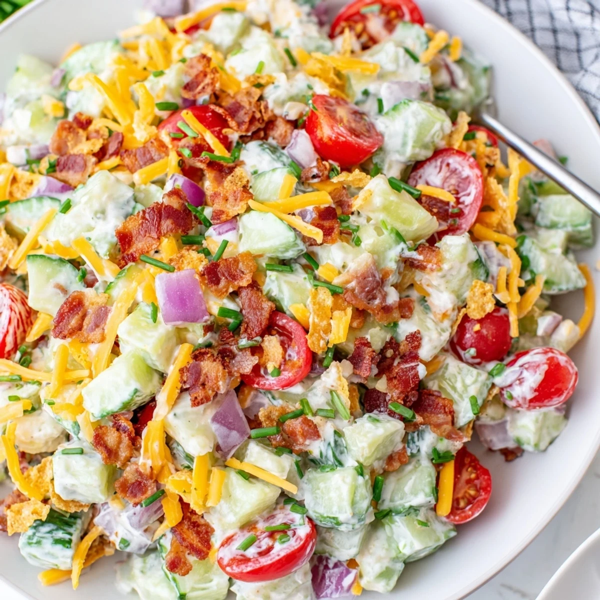 Chilled Cucumber Ranch Crack Salad with creamy dressing, sharp cheddar, fresh chives