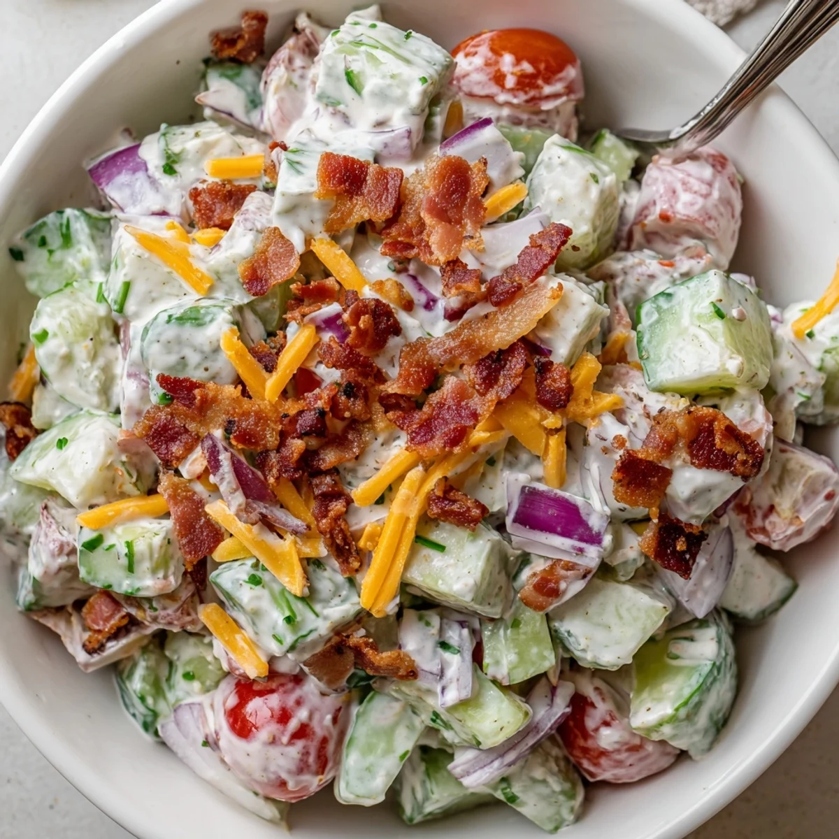 Potluck ready Cucumber Ranch Crack Salad topped with crumbled bacon and chips