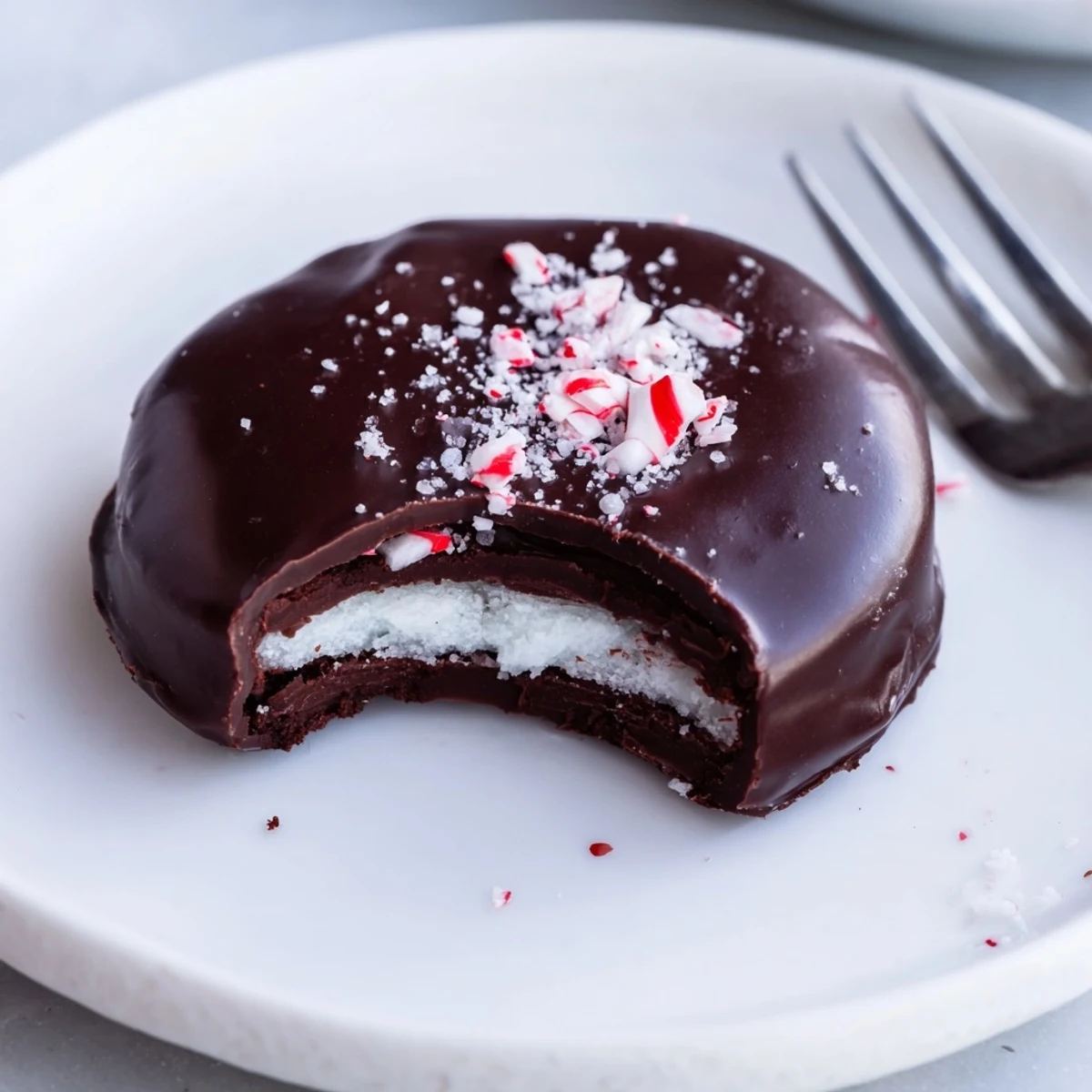 Stacked Peppermint Patties on a festive plate, topped with crushed peppermint candy