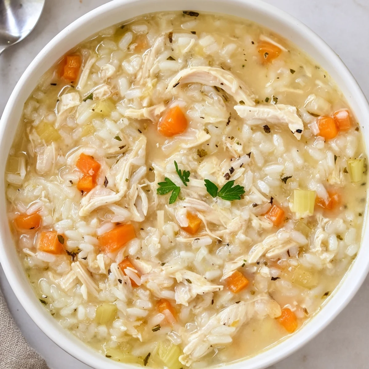 Creamy Chicken Rice Soup steaming in a bowl, savory aroma, carrots
