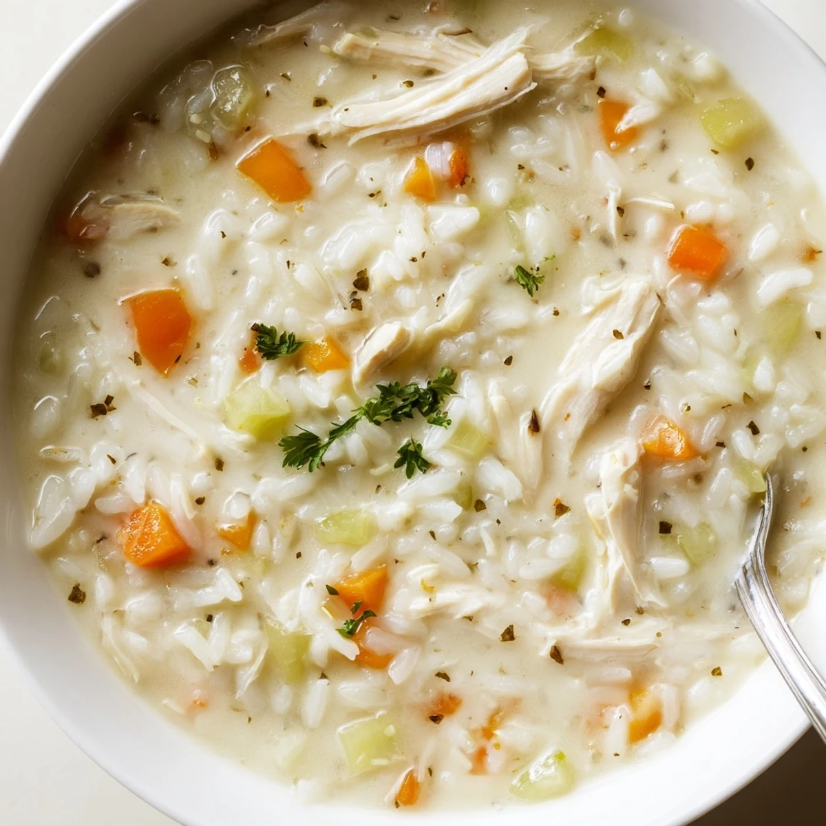 Spoon lifting Creamy Chicken Rice Soup, thick broth clinging to tender chicken