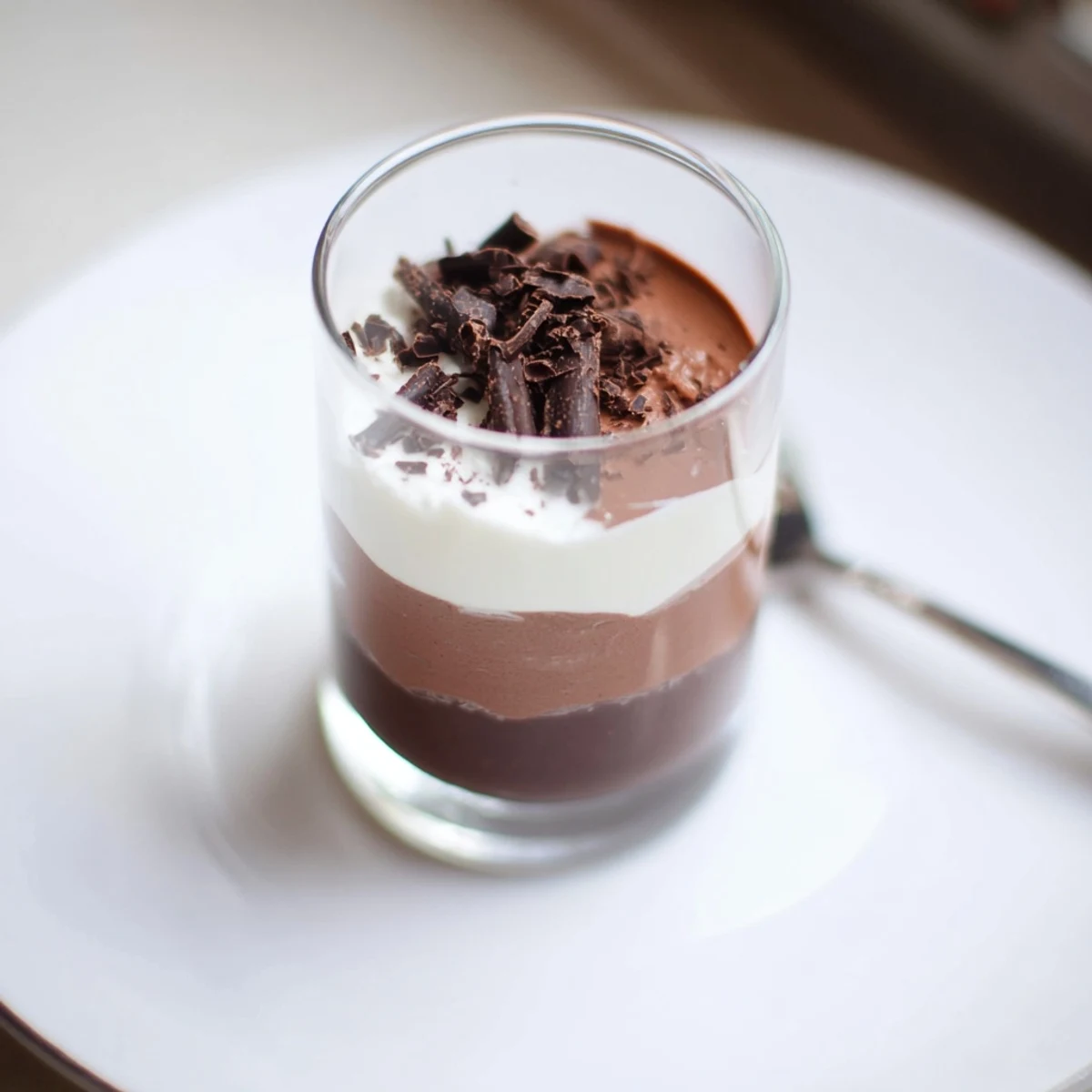 Triple Chocolate Mousse Cups layered in glass, silky dark, milk, white mousses.