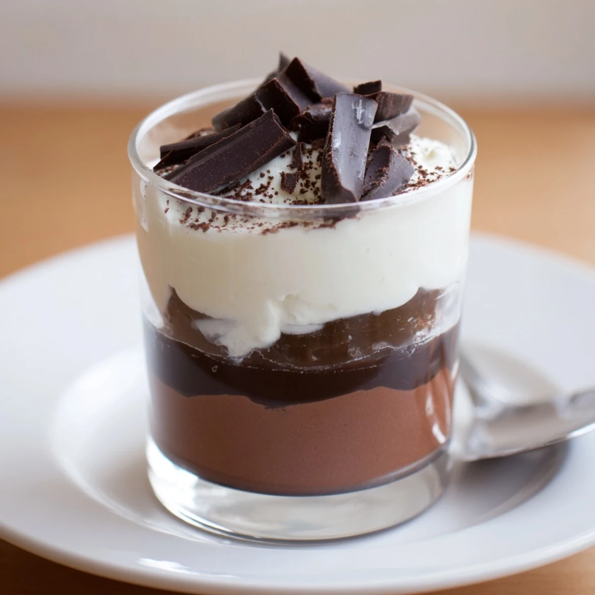 Individual Triple Chocolate Mousse Cups chilled, creamy layers topped with shaved chocolate.