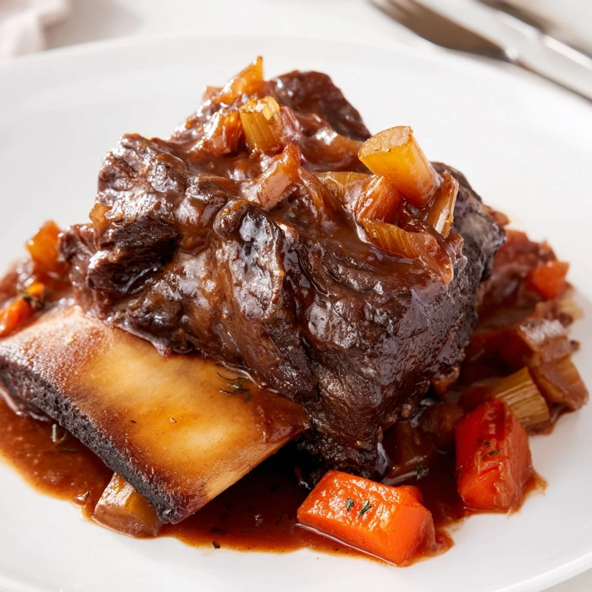 Slow Cooker Beef Short Ribs glistening in rich red-wine sauce, vegetables visible.