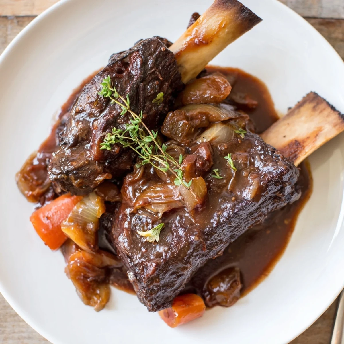 Herby, slow-simmered aroma with glossy sauce and vegetables surrounding Slow Cooker Beef Short Ribs.