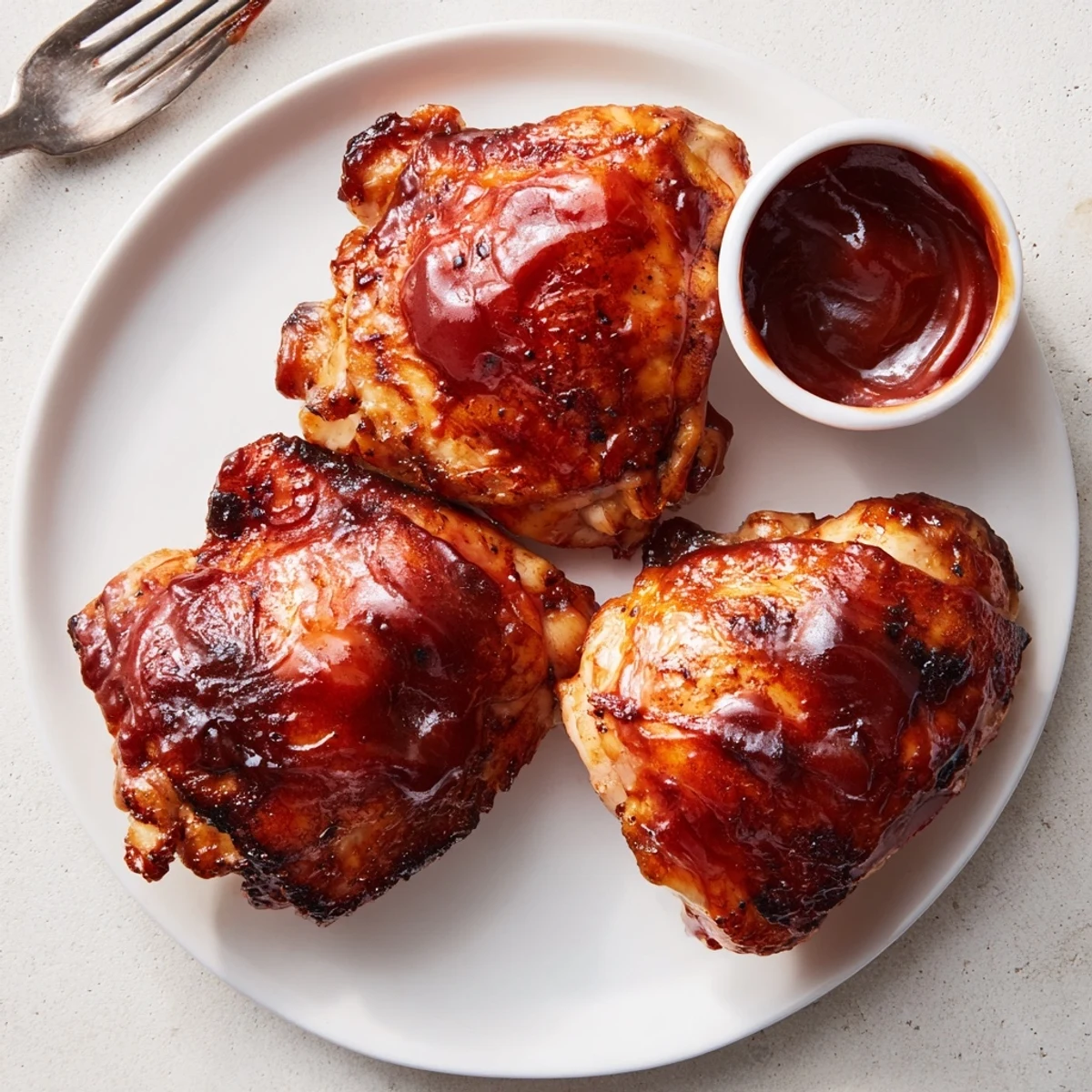 Charred, glossy Mouthwatering BBQ Chicken Thighs Recipe on a summer grill.