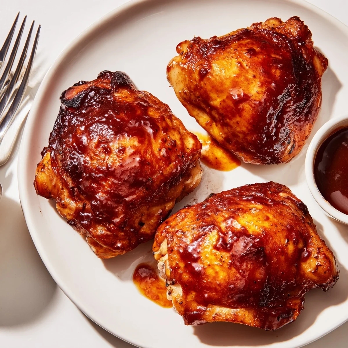 Oven-roasted Mouthwatering BBQ Chicken Thighs Recipe resting, juices pooling, ready to serve.