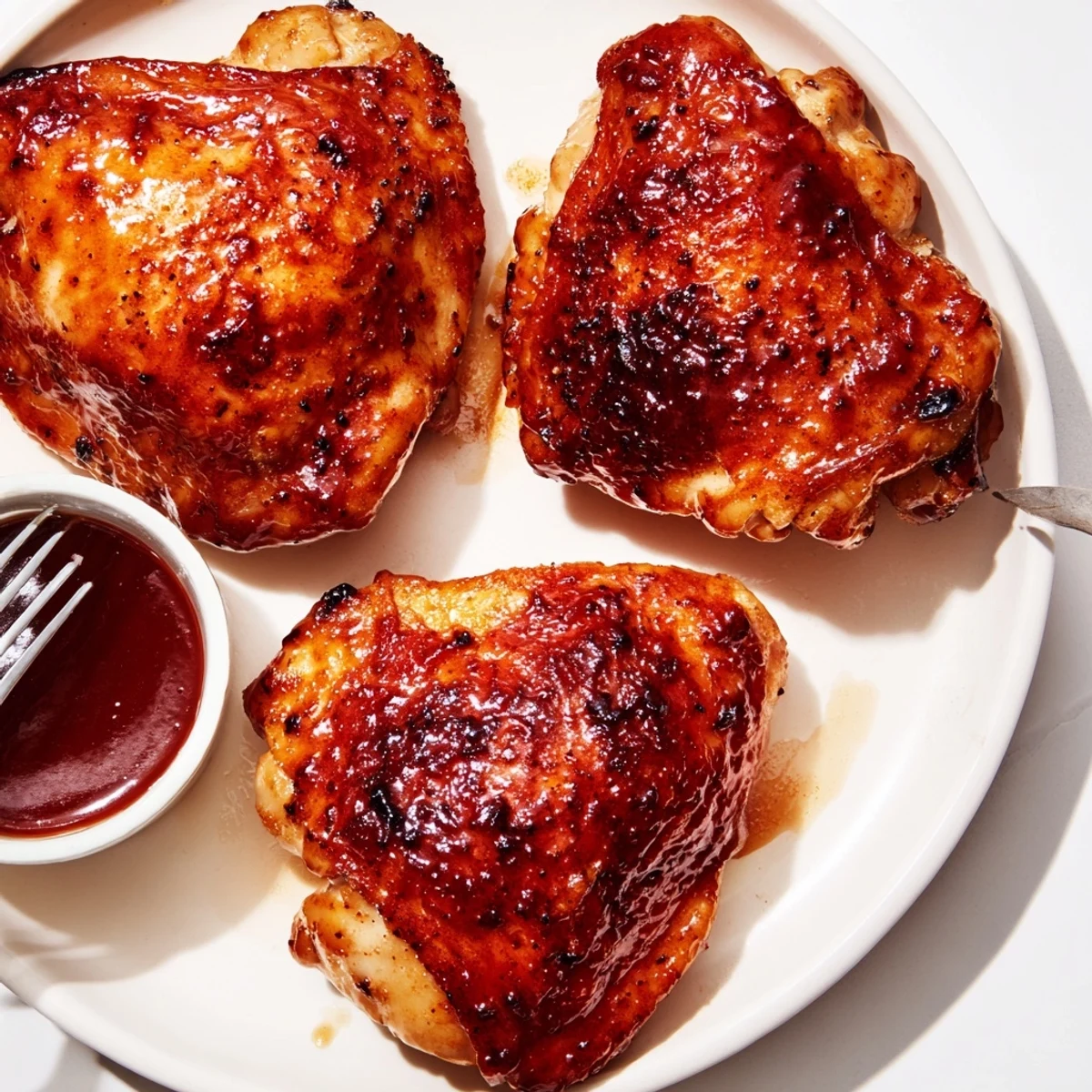Smoky, tangy Mouthwatering BBQ Chicken Thighs Recipe plated with corn and salad.