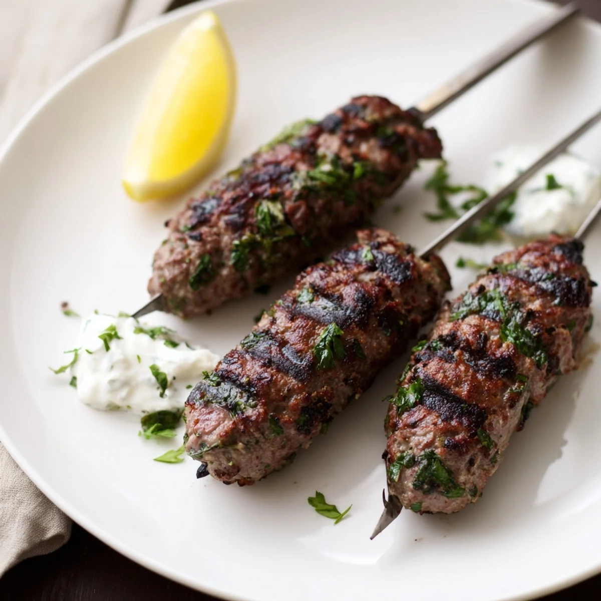 Lamb Kofta Kebabs Recipe: charred, juicy skewers resting with lemon wedges