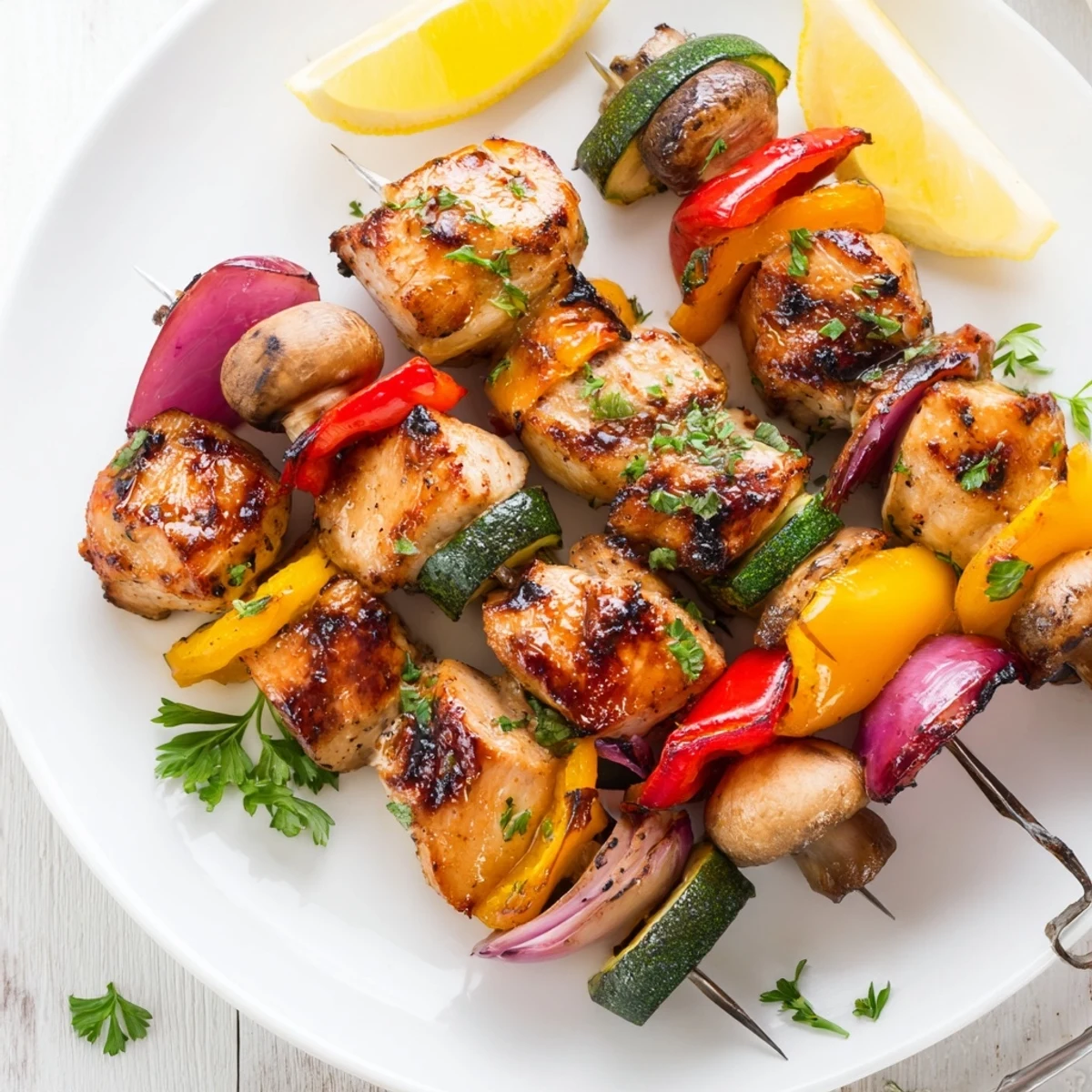 Grilled Chicken Kabobs With Vegetables Recipe showing charred peppers and juicy chicken