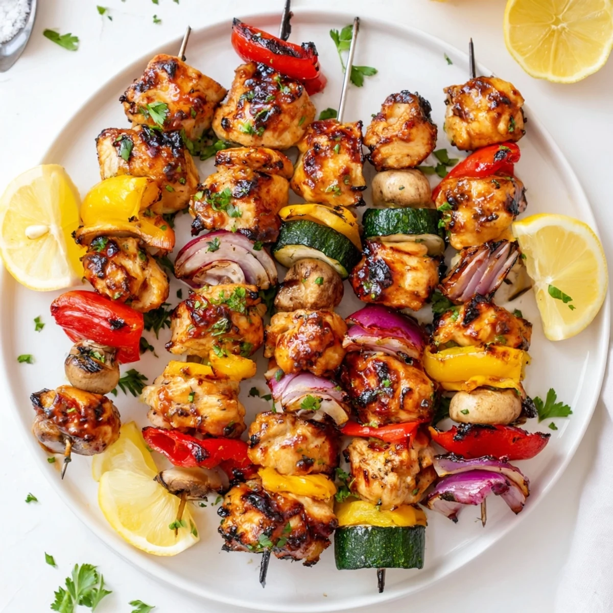 Family-style Grilled Chicken Kabobs With Vegetables Recipe on skewers, ready to serve