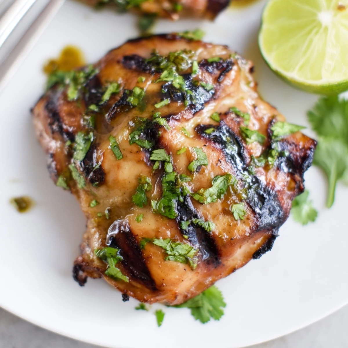 Grilled Cilantro Lime Chicken Thighs with charred edges, zesty aroma, cilantro garnish