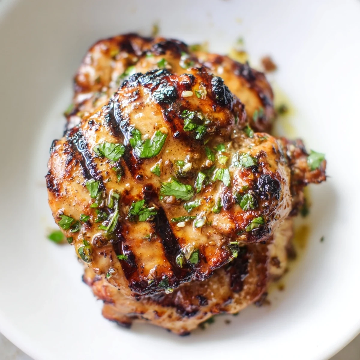 Smoky Grilled Cilantro Lime Chicken Thighs resting on a platter with lime wedges