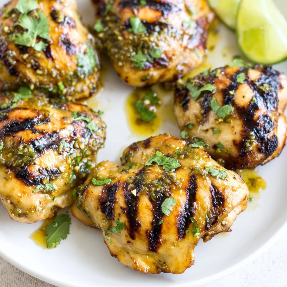 Serve Grilled Cilantro Lime Chicken Thighs sliced over Mexican rice with cilantro