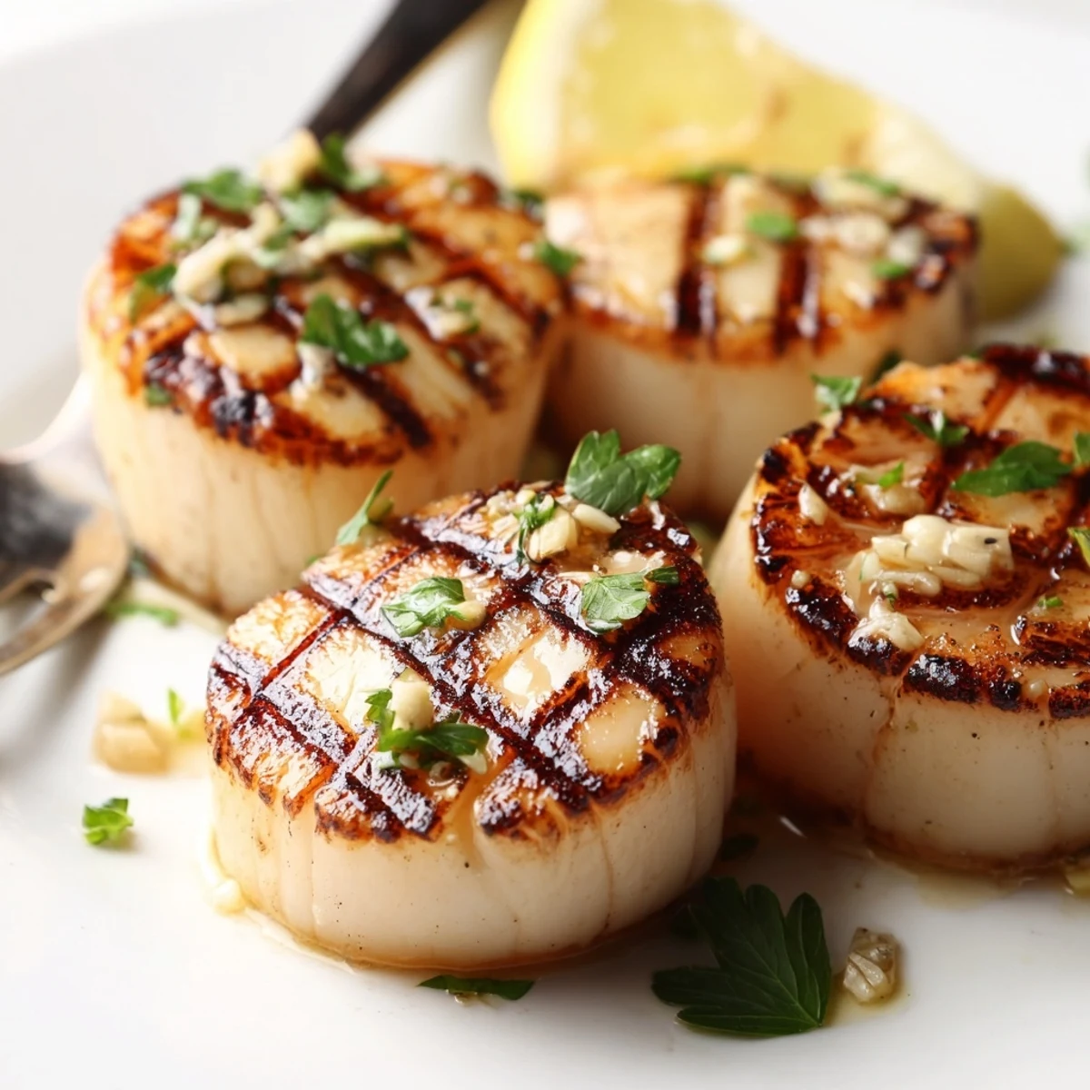 Savory Grilled Scallops Recipe with golden crust, lemon wedges, fresh parsley